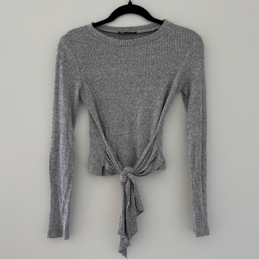 Zara Gray Long Sleeve Tie-Front Top